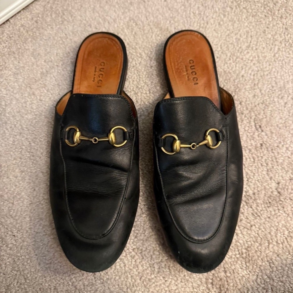 Gucci Black Leather Slip-On Loafers with Gold Hardware